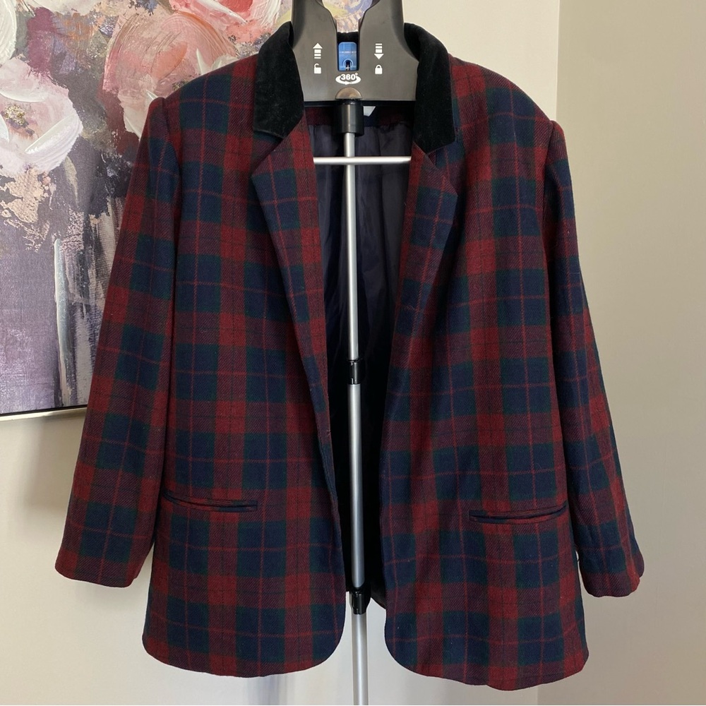 SH Vintage Wool Blend Dark Red Navy Canvas Barn Coat Equestrian Sz 22W